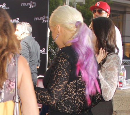 Christina Aguilera with a purple ponytail at the Alma Awards