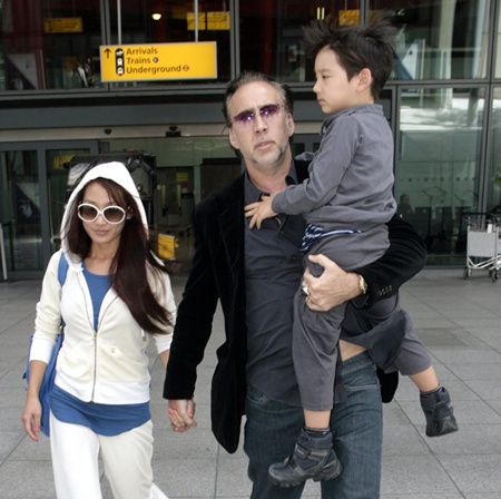 Nicholas Cage and family arrive at Heathrow airport, London, UK