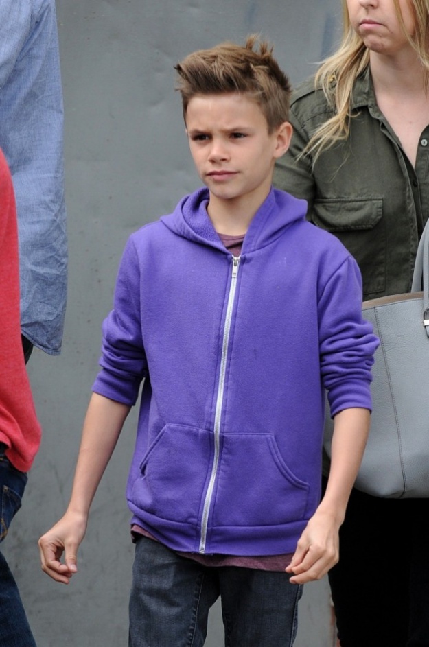 ©NATIONAL PHOTO GROUP Victoria Beckham and her children have breakfast at Jack and Jill's Restaurant in Beverly Hills. Pictured: Romeo Beckham Job: 040413X5 Non-Exclusive April 4th, 2013 Beverly Hills, CA NPG.com