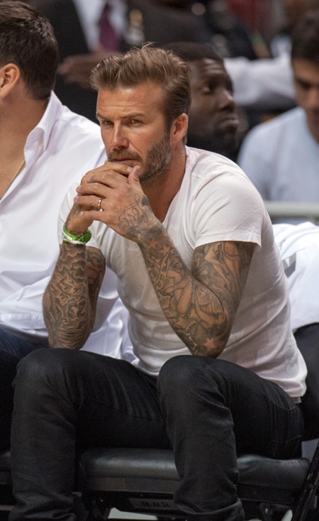 May 6, 2014; Miami, FL, USA; David Beckham sits court side during the first half in game one of the second round of the 2014 NBA Playoffs between the Brooklyn Nets and the Miami Heat at American Airlines Arena. Mandatory Credit: Steve Mitchell-USA TODAY Sports/Sipa USA