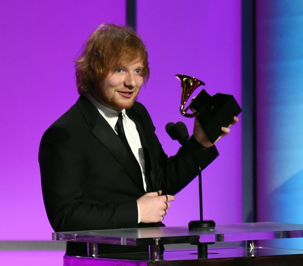 Feb 15, 2016; Los Angeles, CA, USA; Ed Sheeran accepts for Thinking Out Loud in Best Pop Solo Performance during the 58th Grammy Awards at the Staples Center. Mandatory Credit: Robert Hanashiro-USA TODAY NETWORK *** Please Use Credit from Credit Field ***