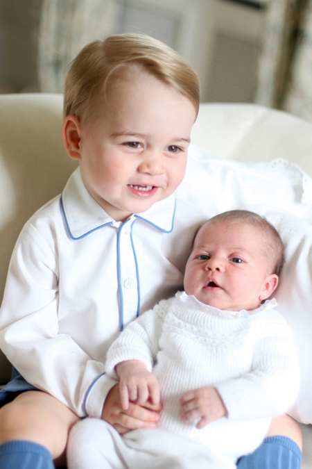Photo Must Be Credited ©Alpha Press 073074 05/06/2015 Undated handout photo released by the Duke and Duchess of Cambridge of Prince George and Princess Charlotte of Cambridge Elizabeth Diana. The photograph was taken by the Duchess in mid-May at Anmer Hall in Norfolk. *** No UK Rights Until 28 Days from Picture Shot Date *** NEWS EDITORIAL USE ONLY. NO COMMERCIAL USE (including any use in merchandising, advertising or any other non-editorial use including, for example, calendars, books and supplements) All other requests for use should be directed to the Press Office at Kensington Palace in writing