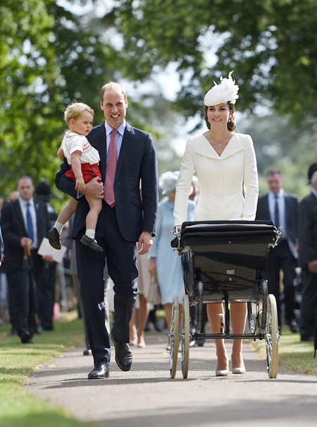 Photo Must Be Credited ©Alpha Press 073074 05/07/2015 Prince William Duke of Cambridge, Prince George of Cambridge, Kate Duchess of Cambridge Catherine Katherine Middleton and Princess Charlotte of Cambridge Elizabeth Diana at the Church of St Mary Magdalene on the Sandringham Estate for the Christening of Princess Charlotte of Cambridge in King's Lynn, Norfolk. *** No UK Rights Until 28 Days from Picture Shot Date ***
