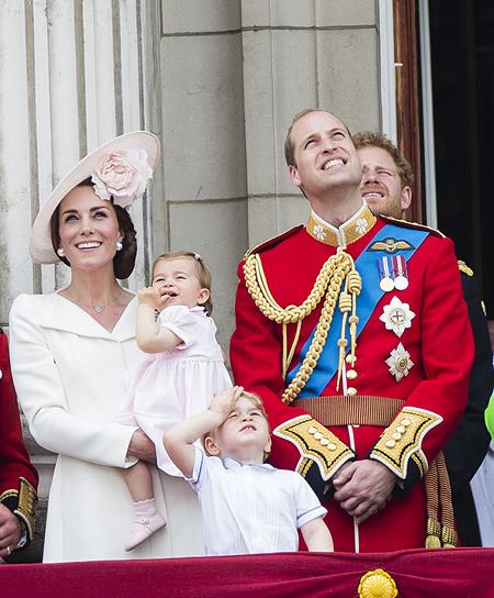 Mandatory Credit: Photo by DAVID HARTLEY/REX/Shutterstock (5725814p) Catherine Duchess of Cambridge, Princess Charlotte of Cambridge, Prince George and Prince William watch the flypast from tha balcony of Buckingaham Palace Trooping The Colour - The Queen's Birthday Parade, London, UK - 11 Jun 2016