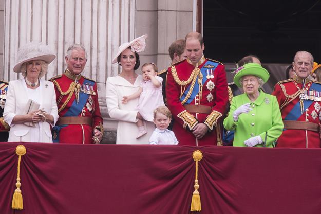 The Royal family attends the "Trooping of the Colour" which forms part of the Queen's 90th birthday celebrations at Buckingham Palace in London. Featuring: Camilla the Duchess of Cornwall, The Prince of Wales, The Duchess of Cambridge, Princess Charlotte, Prince George, The Duke of Cambridge, Queen Elizabeth II, Duke of Edinburgh Where: London, United Kingdom When: 11 Jun 2016 Credit: Euan Cherry/WENN.com