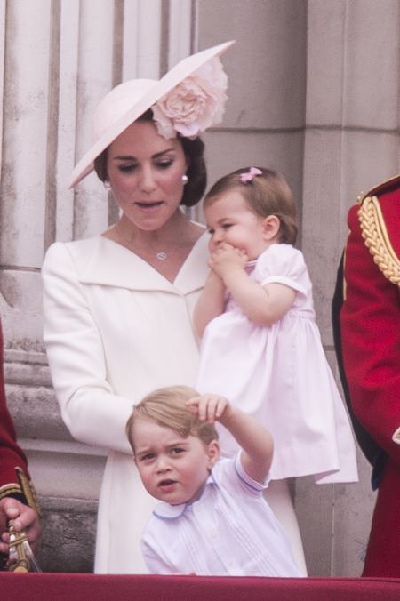 The Royal family attends the "Trooping of the Colour" which forms part of the Queen's 90th birthday celebrations at Buckingham Palace in London. Featuring: Prince George, The Duchess of Cambridge, Princess Charlotte Where: London, United Kingdom When: 11 Jun 2016 Credit: Euan Cherry/WENN.com