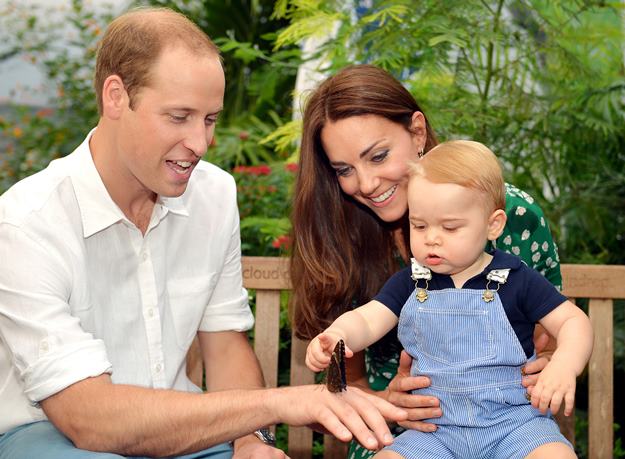 LONDON, ENGLAND - JULY 02: (EDITORIAL USE ONLY) Catherine, Duchess of Cambridge holds Prince George as he points to a butterfly on Prince William, Duke of Cambridge's hand as they visit the Sensational Butterflies exhibition at the Natural History Museum on July 2, 2014 in London, England. The family released the photo ahead of the first birthday of Prince George on July 22. (Photo by John Stillwell - WPA Pool/Getty Images)