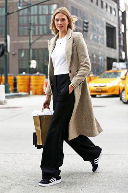 le-fashion-blog-model-karlie-kloss-fall-winter-style-tweed-texture-coat-cropped-sweater-wide-leg-pants-adidas-sneakers