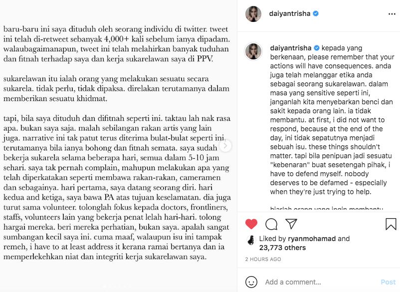 Khidmat Sukarela di PPV, Daiyan Trisha Kecewa Difitnah Sekadar Datang Bergambar